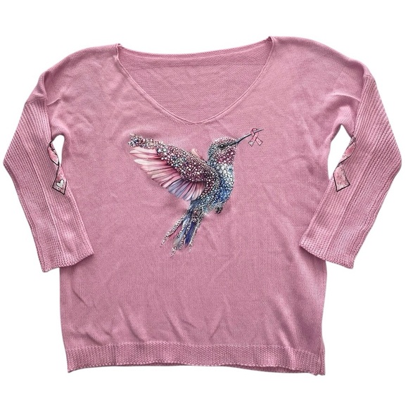Sweaters - Hummingbird Pink Ribbons Heart Graphic Breast Cancer Awareness V-neck Sweater